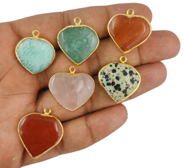 Puffy Heart Shape Gemstone Pendant Dalmatian Amazonite Rose quartz Red Agate Gemstone Charms Necklace