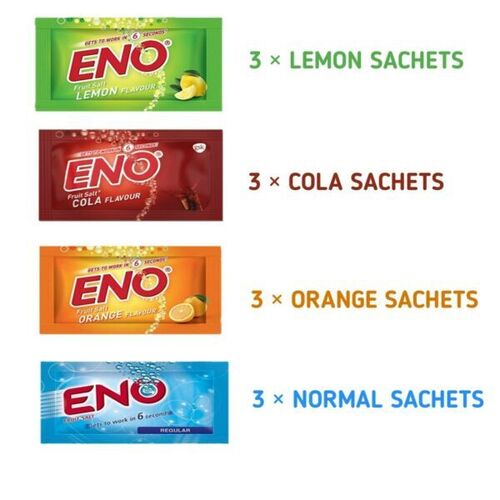 Eno Powder Ingredients: Svarjiksara & NimbukamlamSweetener: Sodium SaccharinFlavours And Dyes: Brilliant Blue And Tartrazine