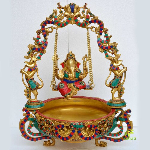 Hurli Ganesh Brass Made Lord Ganesha with stone work on swing figure Home/Event Decor Urli