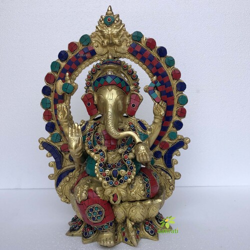 Brass Mangalkari Ganesha Sitting On Lotus Bhagwan Idol Ganesha Statue Ganpati Murti Home Decor- Height : 15 Inches