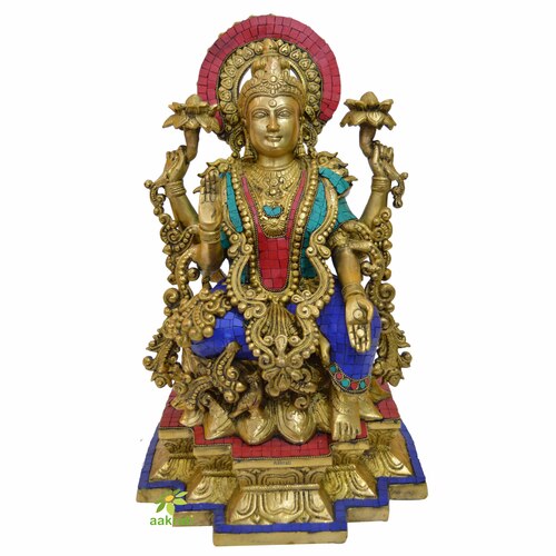 Lakshmi Statue 18 INCH Goddess Lakshmi Idol on Louts Sitting Lakshmi sculpture Hindu Goddess Figurines Home  Temple Decor Handmade gifts