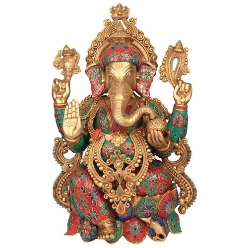 Brass Ganesha Murti Large with Mosaic Stonework