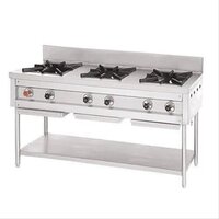 Three Burner Commercial Lpg Range - Stainless Steel, 77 X 36 X 5.5 Cm, Silver Finish, 6 Knobs, Easy Installation