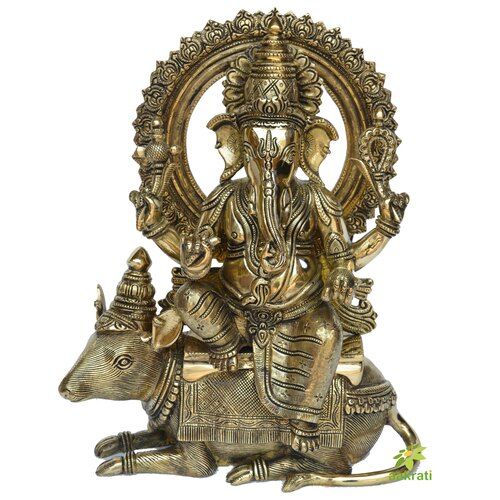 Crowned Ganesh Seated On His Mouse Ganpati Ekdant Hindu God Murti Sculpture