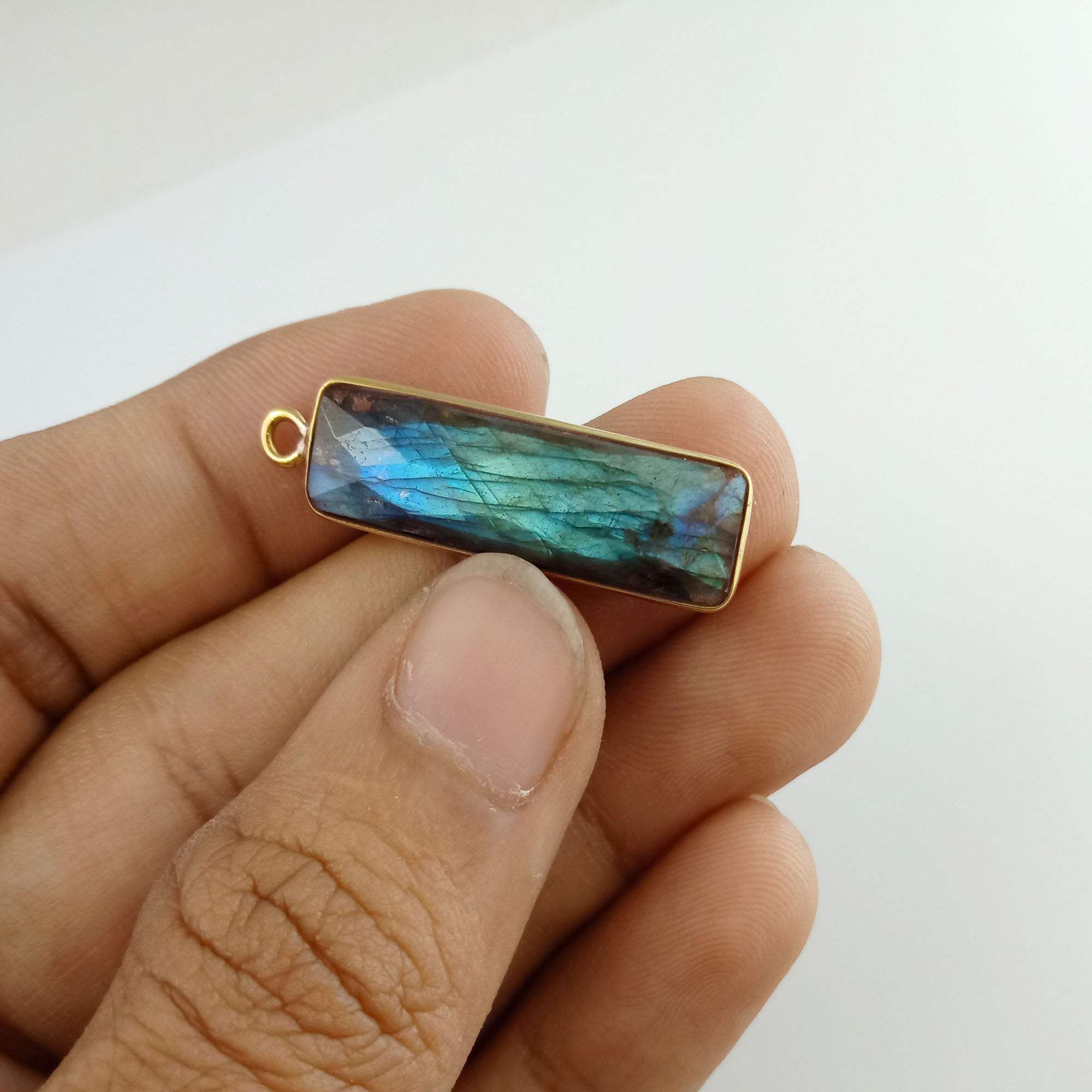 Labradorite Gemstone Rectangle Pendant Gold Plated Bar Bezel Pendant -Gemstone Bar Pendant