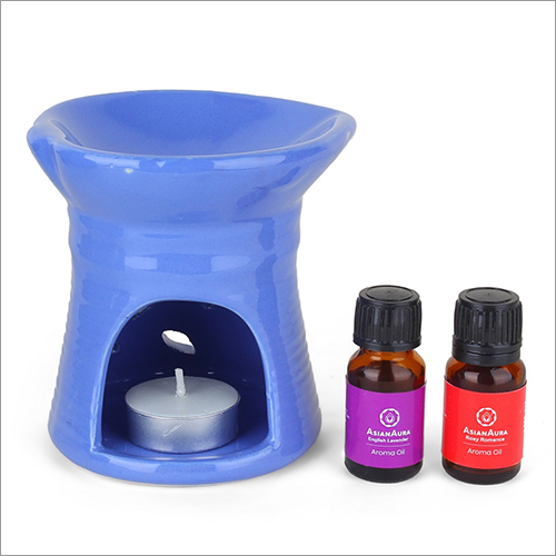 Ceramic Aroma Tea Light Burner Blue Colour Diffuser Pot With 1 Tea Light Candle And 2 Scented Oils