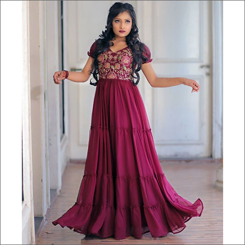 Washable Fox Georgette Gown With Full Siqunce Work