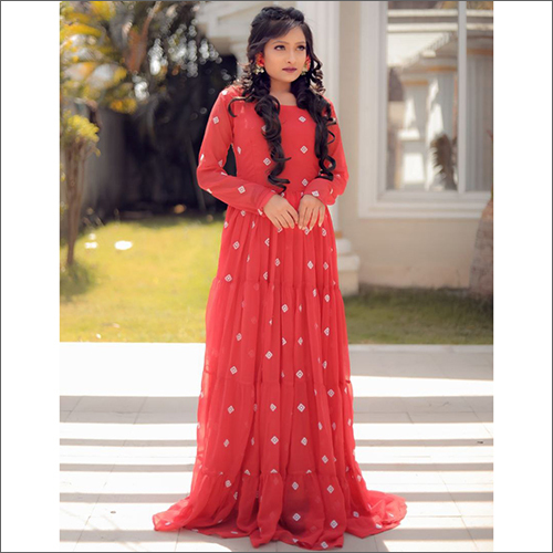 Washable Fox Georgette With Embroidery Work Ruffle And Full Flyer Gown