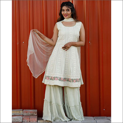 Buy Festive Sharara Suit - Appealing White Mal Mal Embroidered Suit –  Empress Clothing