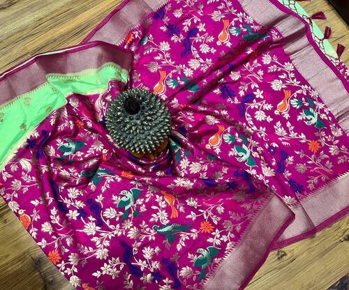 Pista Green And Pink Kanchi Banarashi Soft Silk Saree Birds Work