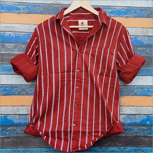 Mens Striped Red Slim Fit Cotton Casual Shirt - Cotton, Slim Fit, Striped Pattern, Red Color | Washable, Beaded Closure, All-Season Wear for Rainy, Spring, Summer, Winter