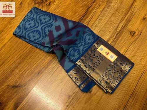 Blu With Grey Ikkath Border Kanjivaram Silk Saree