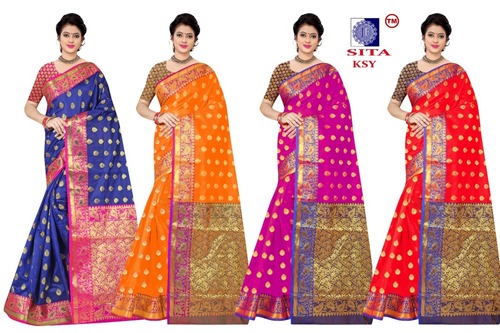 Multicolor Sita Premium Cotton Saree With Blouse And Lace/Border