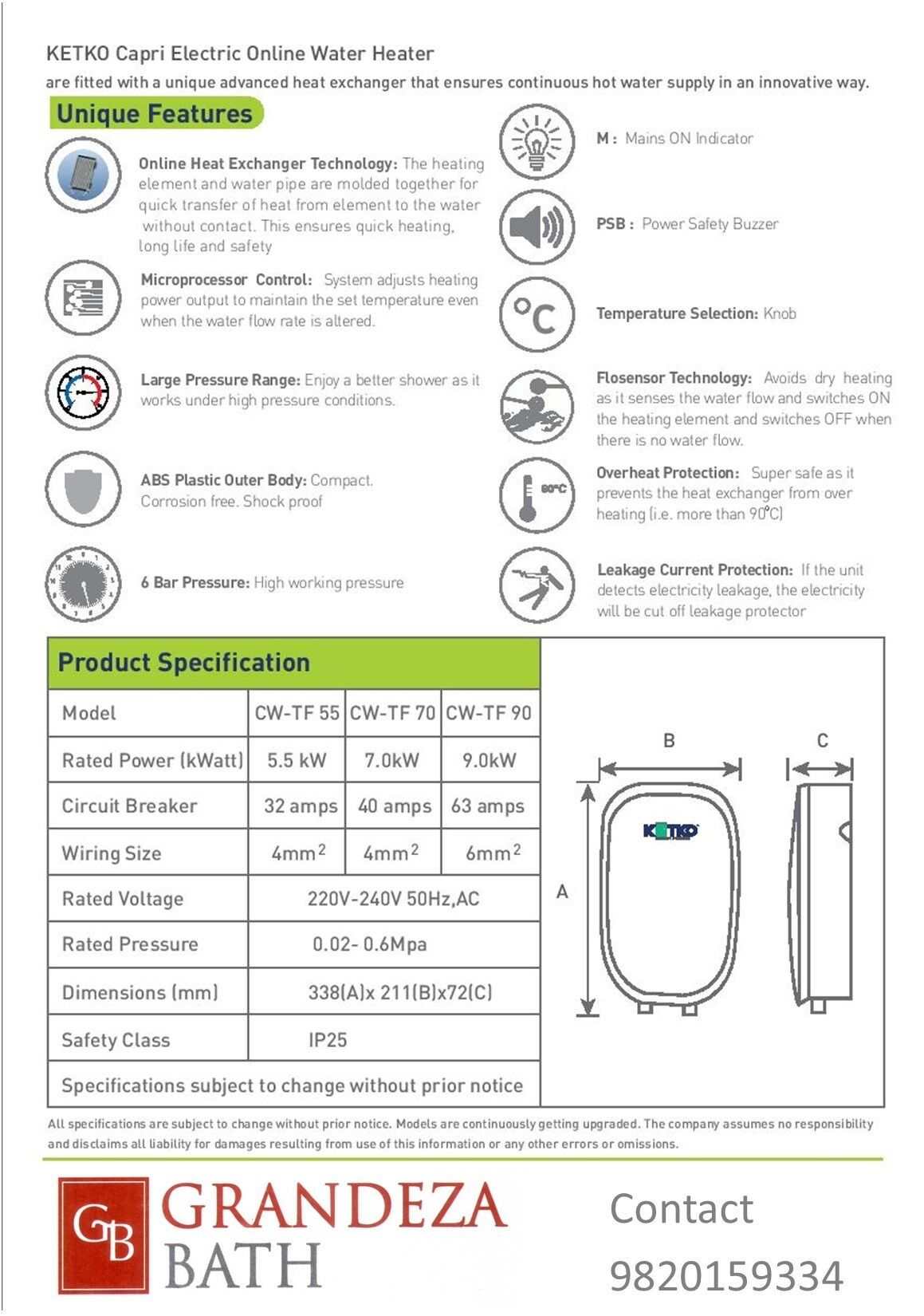 KETKO Online Water Heater CWTF 7KW