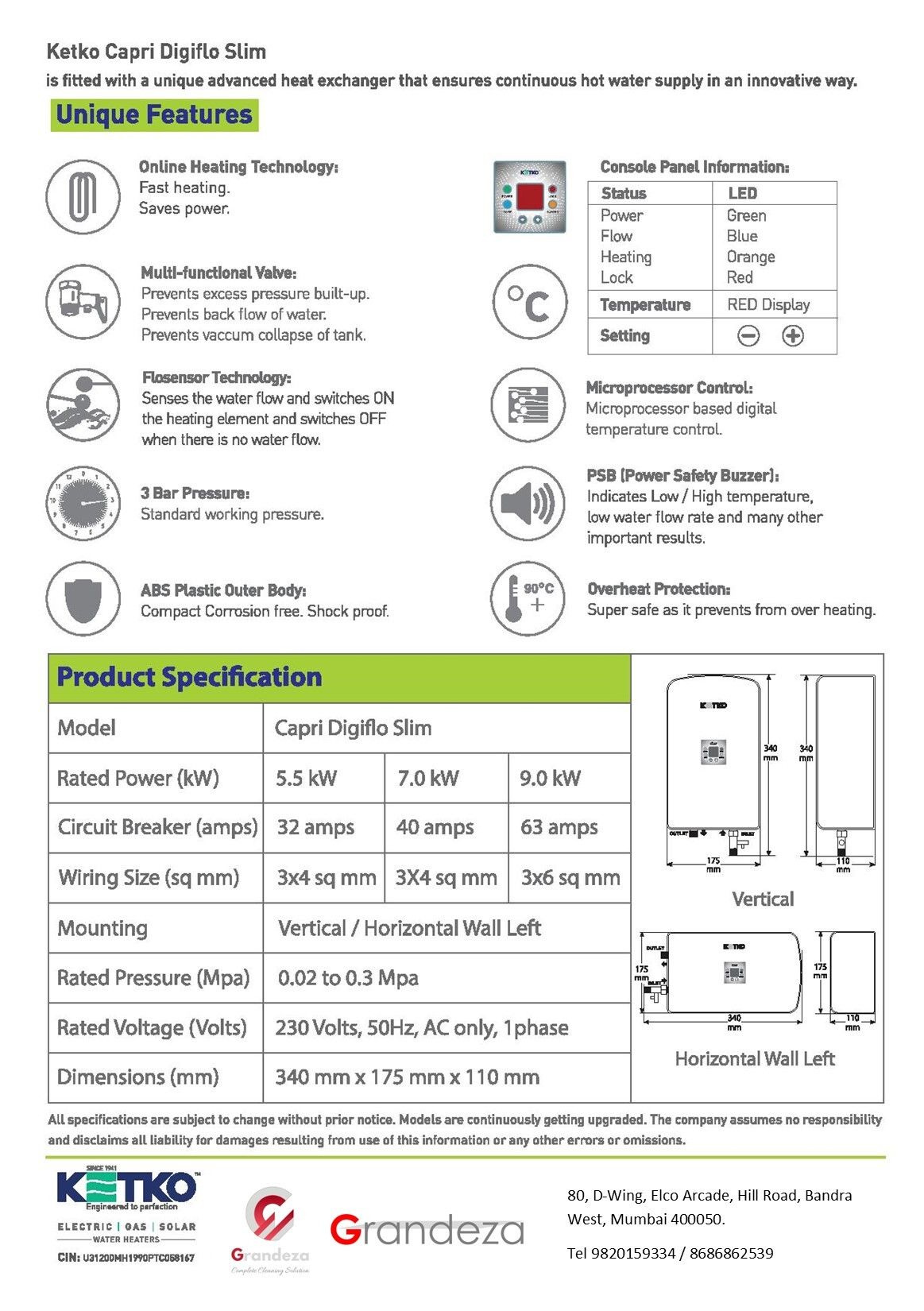 KETKO Online Water Heater Slim 7 Kw