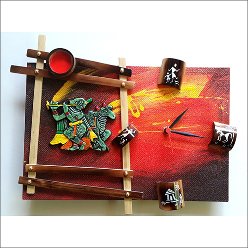 10x13x2.5 Inch Wall Hanging With Terracotta And Clock