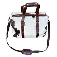 Cowhide Duffle Luggage Bag - Genuine Leather, Adjustable Shoulder Strap, White And Brown Design, Durable Zipper Closure