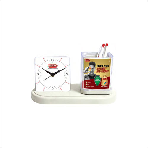 White Table Clock With Pen Holder