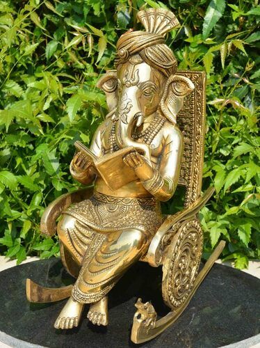 Brass Chair Ganesha Statue Home Decor Elephant God Hindu God Brass Idol Handmade Book Reading Ganesha Sculpture