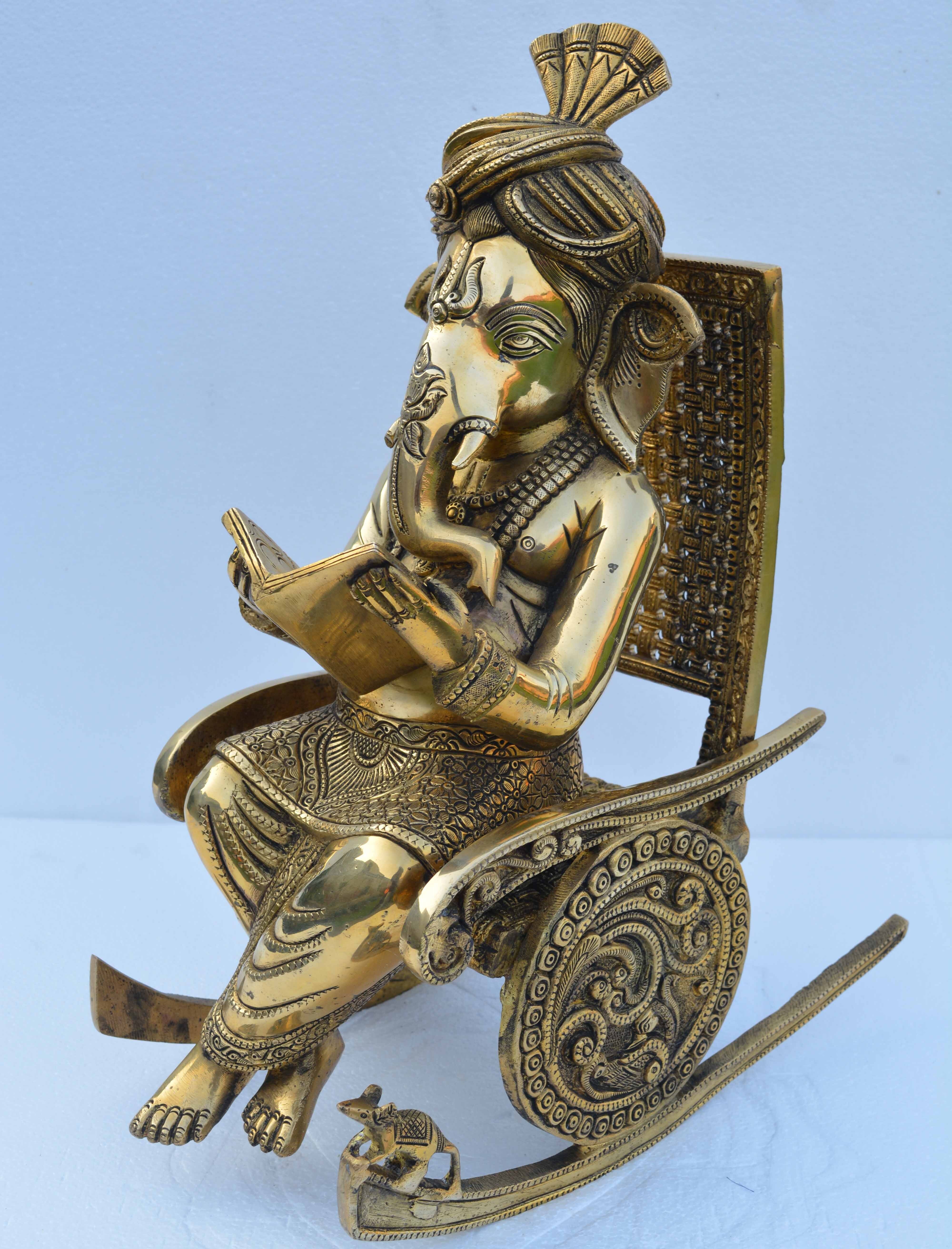 Brass Chair Ganesha Statue Home decor Elephant god Hindu god Brass idol Handmade Book Reading ganesha Sculpture