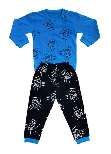 Breathable Kids Pizza Printed Cotton Top And Pant Blue