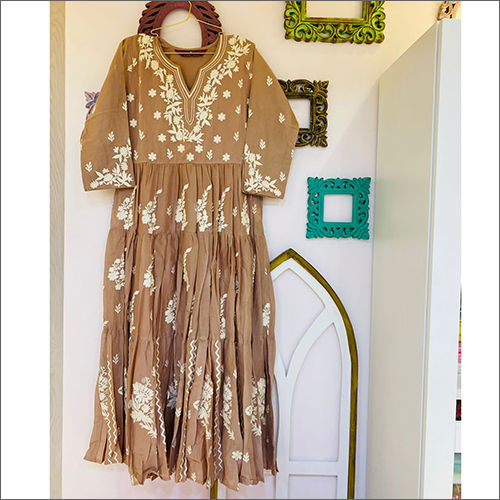 Brown Cotton Calf Length Dress