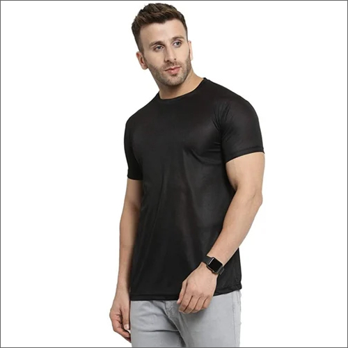 Mens Black Polyester Round Neck T-shirt