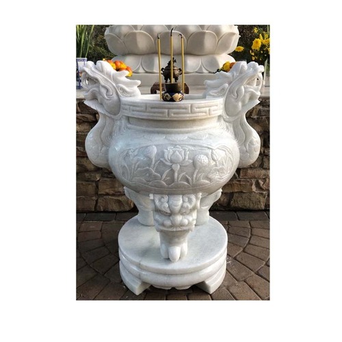 White Marble Dragon Heads and Lotus Flowers Statue