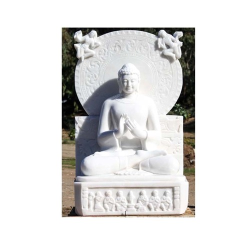 Indian Exporter Of White Marble Hand Carved Dharmachakra Mudra Buddha with Large Halo Statue At Reasonable Price