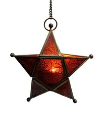 Hanging Star Lantern - Brass & Floral Glass, 6.5x6.5 Inches, Purple , Antique Finish