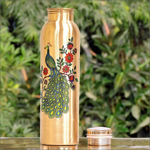 Peacock Printed Copper Water Bottle - 950ml Capacity, Copper Color | Sleek Design, Durable Cap, Leak-Proof Silicone Washer, Easy to Clean