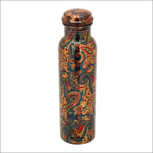 Printed Pure Copper Water Bottle - 100% Pure Copper, 1 Ltr Capacity, Multicolor Design, Screw Cap with Silicone Washer, Lightweight & Sturdy