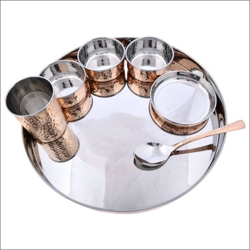 Copper Steel Thali Set - 12 Inch, Hammered Design | Glossy Finish, 3 Bowls, Microwave Safe, Ideal for Gifting