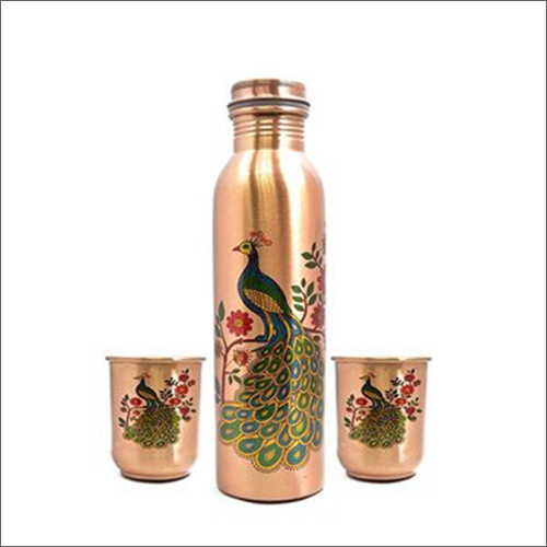 Peacock Printed Copper Bottle With Glass