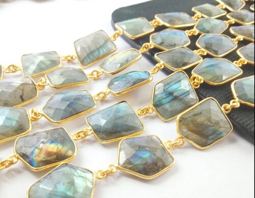 Labradorite Gold Plated Bezel Connector Chain - Blue Labradorite Faceted Gemstone Making for Jewelry
