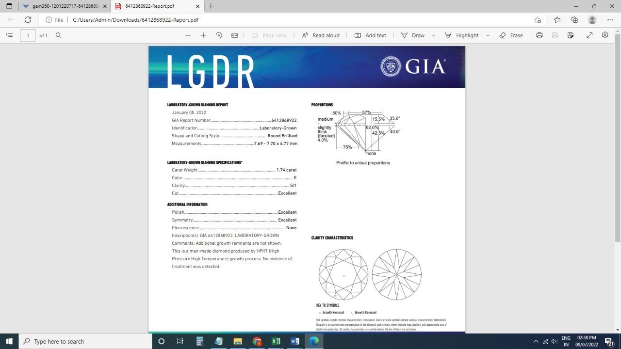 Round 1.74ct E  SI1 GIA Certified HPHT Lab Grown Diamond EC2074