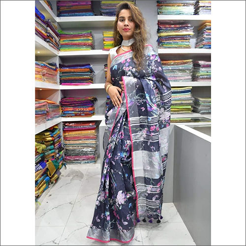 Adorable Cream Floral Printed Linen Saree With Zari Border – Cygnus Fashion