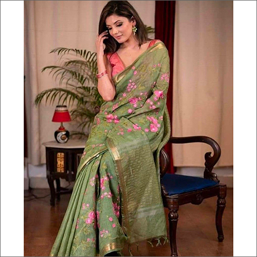 Casual Silk Linen Embroidery Saree