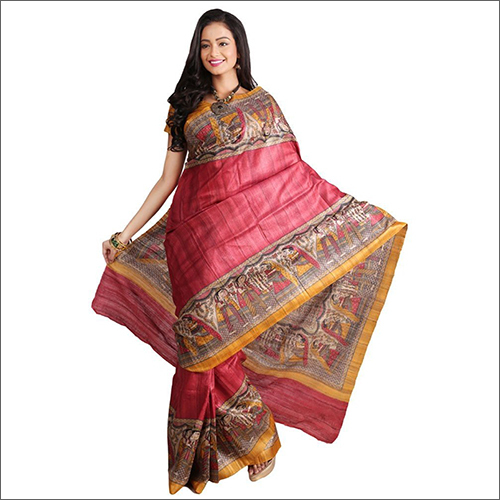 Multicolor Tussar Silk Block Print Saree