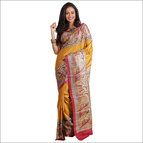 Multicolor Tussar Silk Block Print Saree