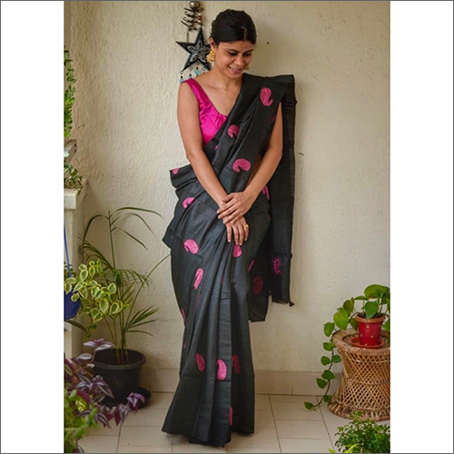 Black Tussar Silk Embroidery Saree