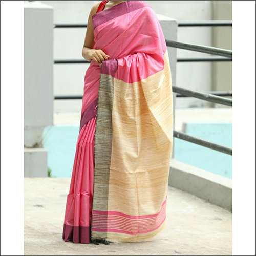 Multicolor Plain Tussar Staple Saree