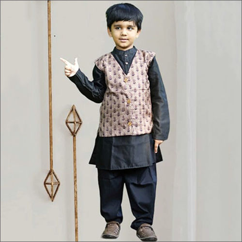 Quick Dry Boys Black Kurta With Printed Jacket And Pyjama