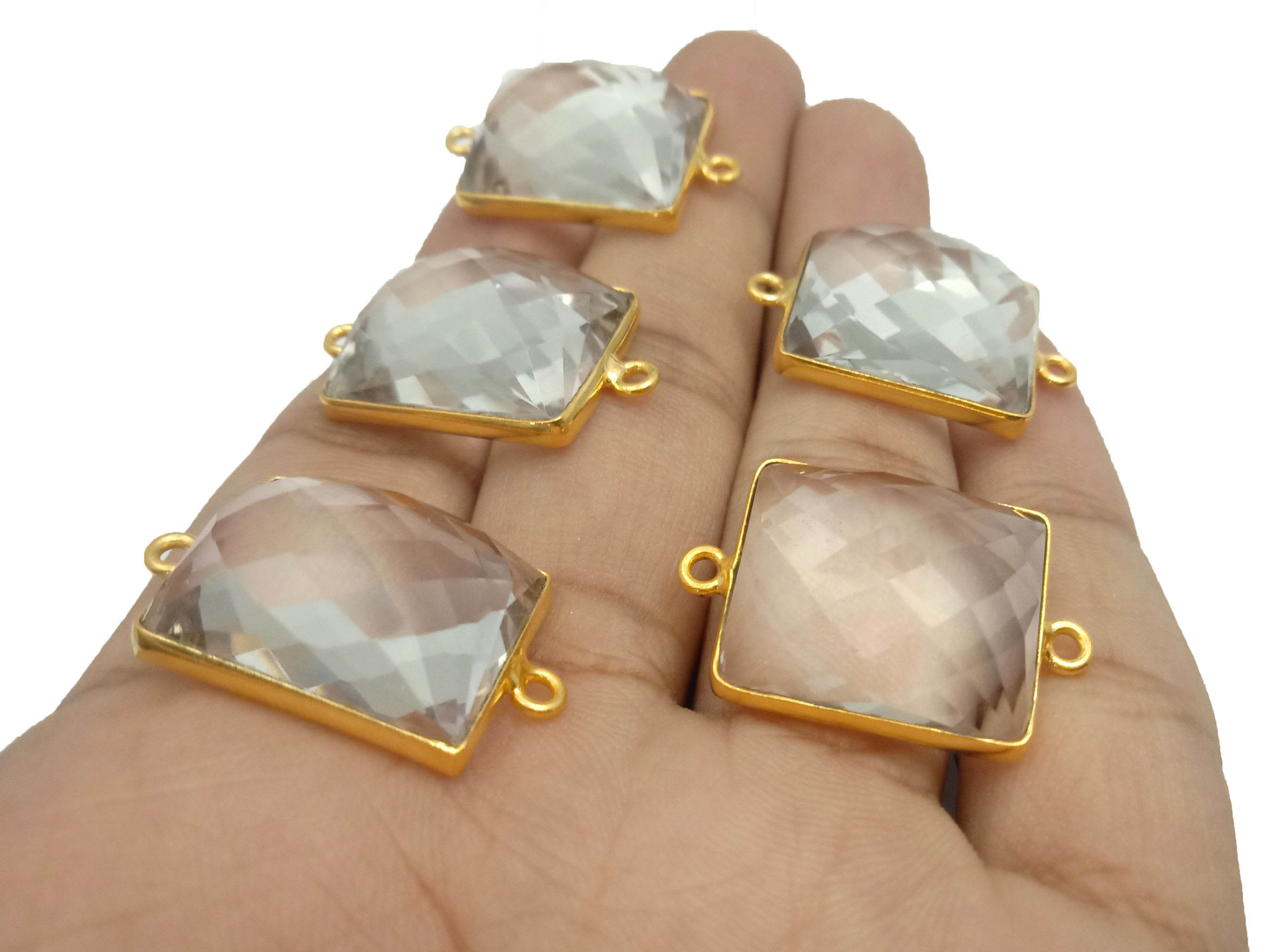 Clear Quartz Rose Cut Bezel Connector - Rectangle Shape - Flat Back Gemstone Connector Double Loop Pendant Quartz Connector Stone Connector