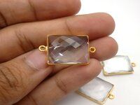 Clear Quartz Rose Cut Bezel Connector - Rectangle Shape - Flat Back Gemstone Connector Double Loop Pendant Quartz Connector Stone Connector