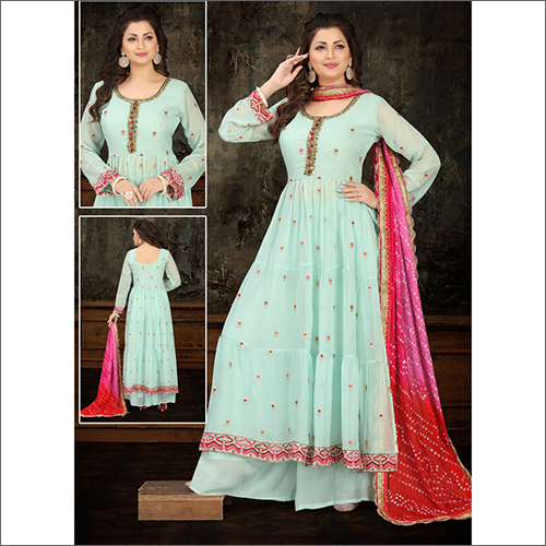 Light Blue Georgette Palazzo Suit - Cotton Fabric, Washable Material, Printed Pattern, Soft Breathable Feel | Stylish Ethnic Wear