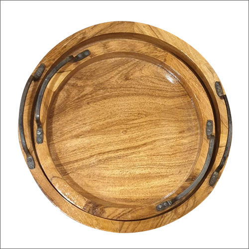 Light Brown Round Shape Handmade Wooden Serving Tray