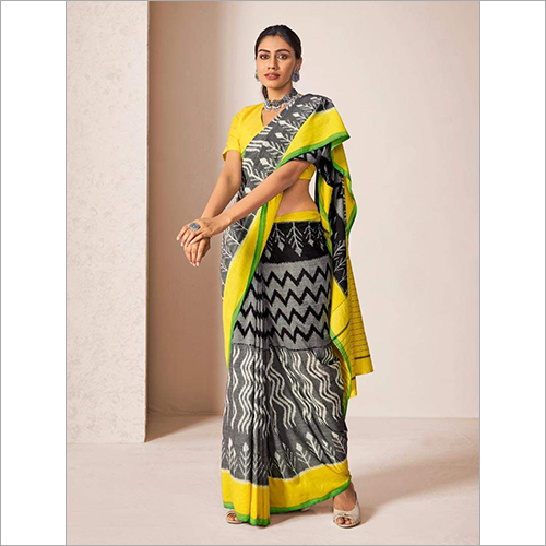 Ladies Printed Cotton Sarees - Mulmul Fabric, Black-Yellow Palette | Handwoven for Casual Occasions, Alluring Patterns for All Seasons