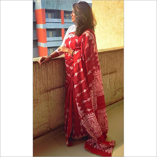 Ladies Mulmul Sarees - Cotton Fabric, Red Printed Design, Handwoven Style for All Seasonal Occasions