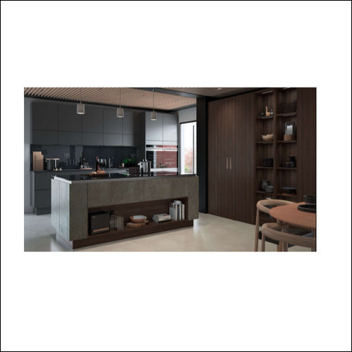 Modern Kitchen - Wooden Material, Parallel Shape, Grey Glossy Finish | Base Mounted, Plain Design, Assembly Required